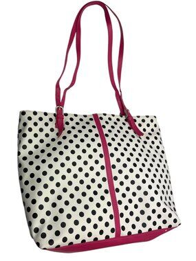 Jazz'd Polka Dot Tote Bag With Pink Trim & Straps Spacious Interior Striped Lini
